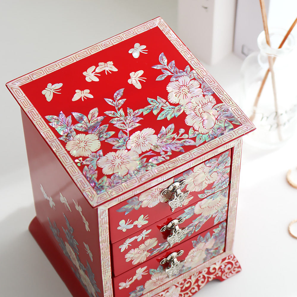 Najeonchilgi Peony Flower Arabesque 3-Tier Drawer Mother of Pearl Jewelry Box