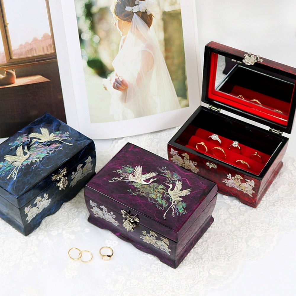 Hanji Rounded Pine & Crane Mother of Pearl Jewelry Box Keepsake Ring Box, 15 cm