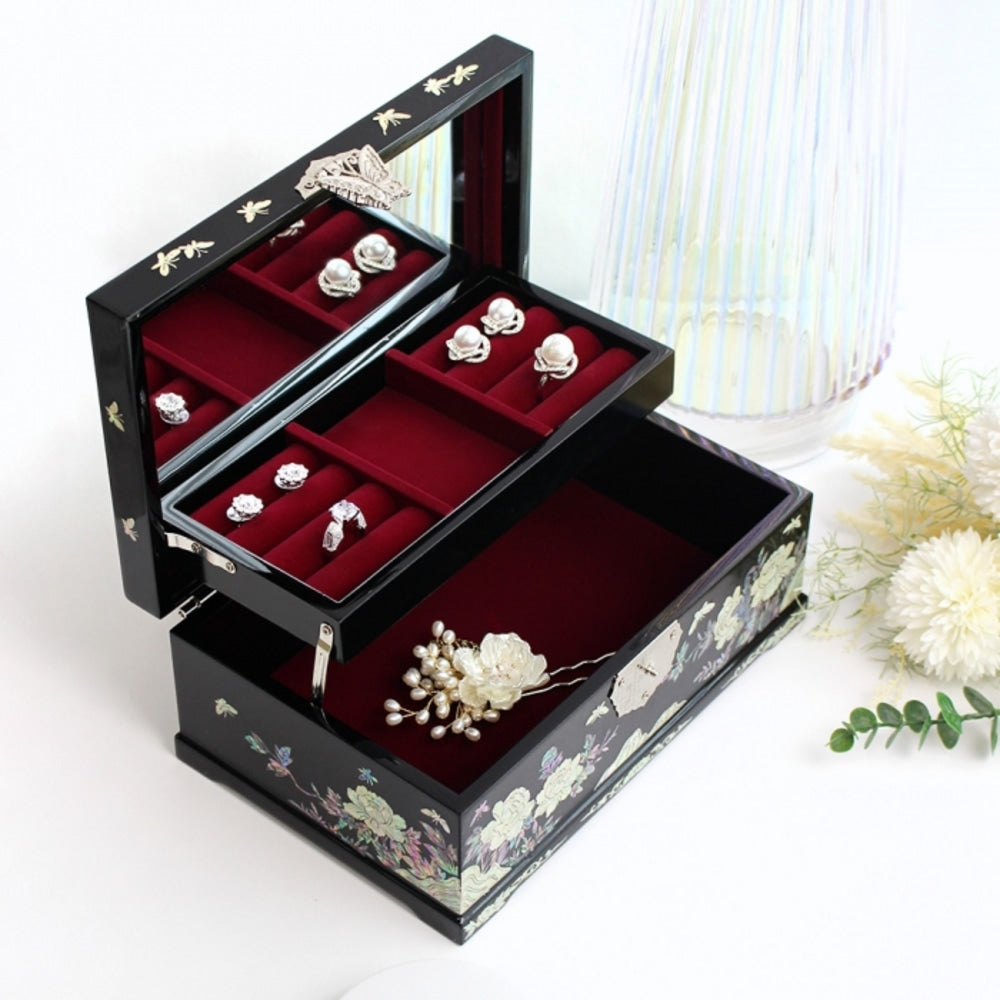 Najeonchilgi Peony 2-Tier Mother of Pearl Jewelry Box Yedan Wedding Gift Box, 24 cm