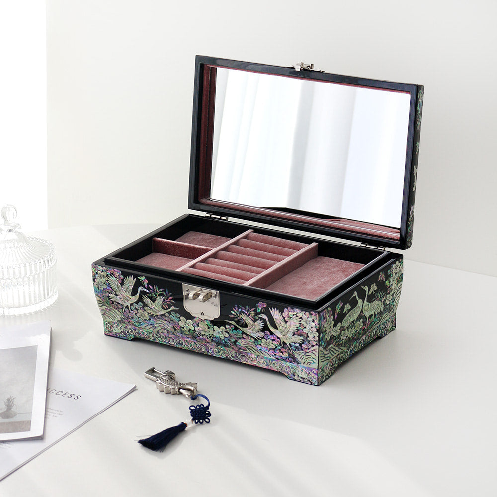 Masterpiece Najeon Large 2-Tier Flower Pine & Crane Jewelry Box, 30 cm (Master Artisan Jang Tae-bok)