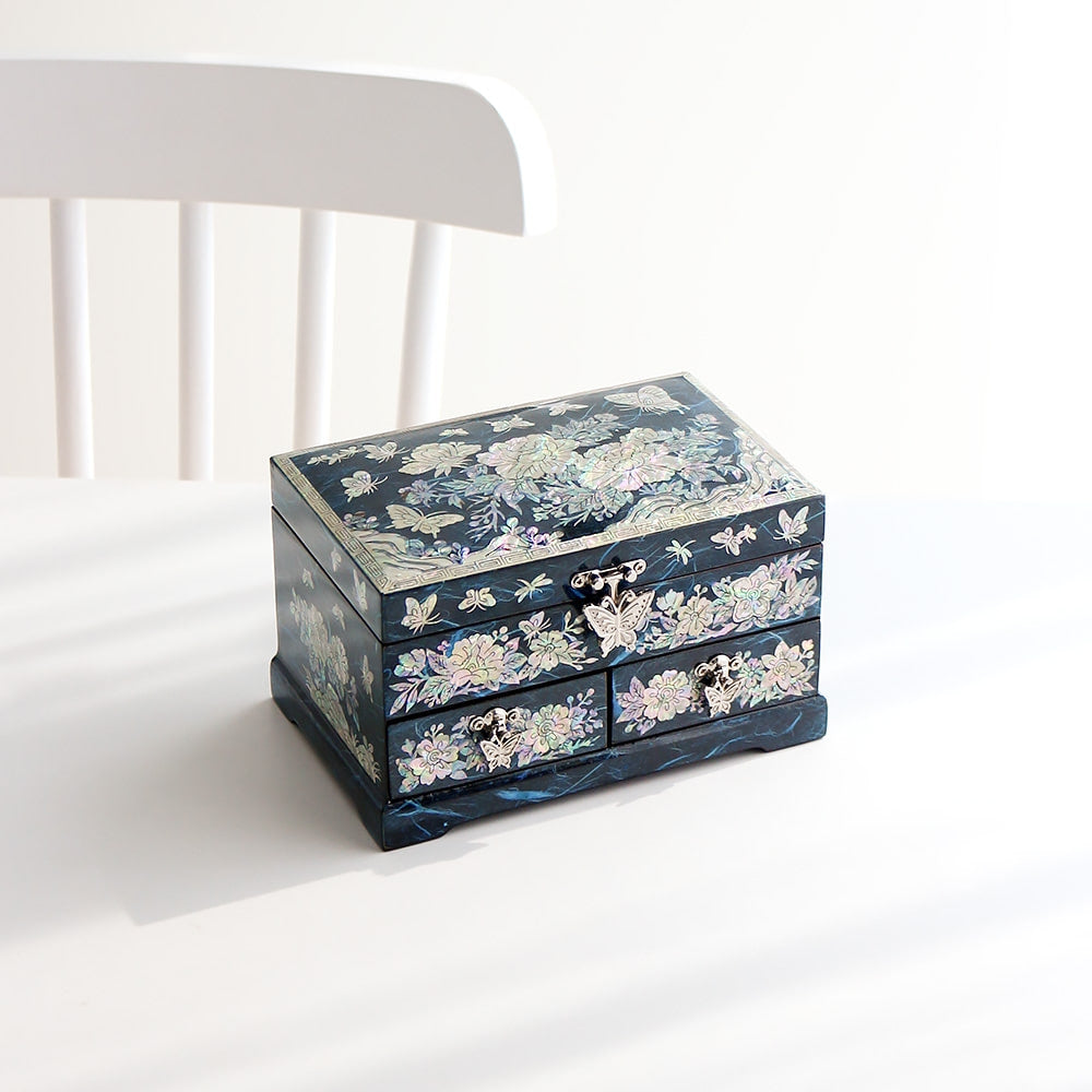 Najeonchilgi 1-Tier Hanji (Peony)2-Drawer Mother of Pearl Jewelry Box