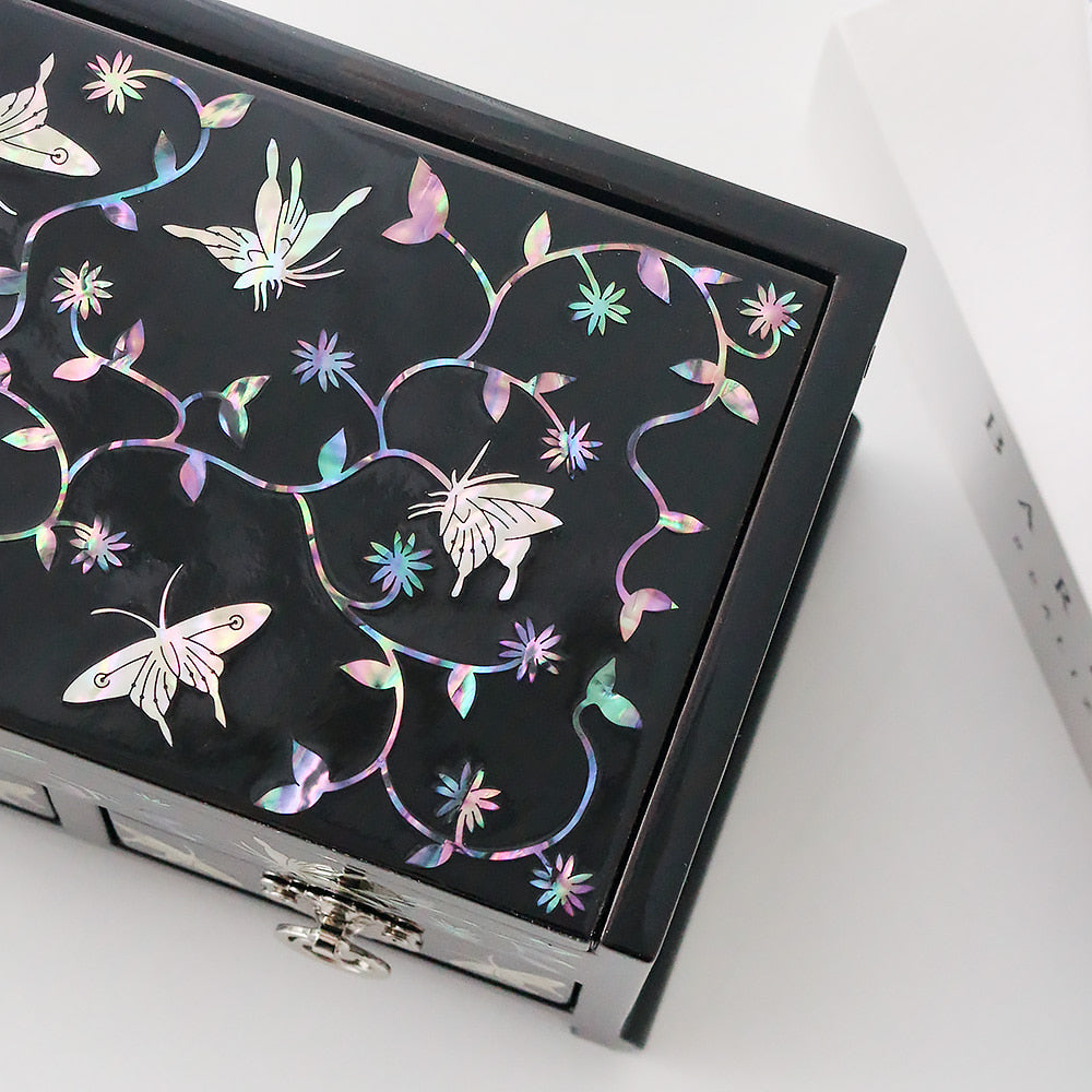 Najeonchilgi Arabesque Butterfly 3-Tier Drawer Mother of Pearl Jewelry Box, 23 cm