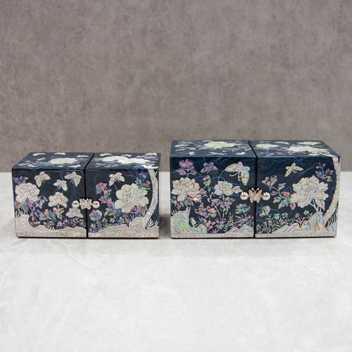 Peony Hanji Double Lidded Mother of Pearl Jewelry Box (Small, Blue)