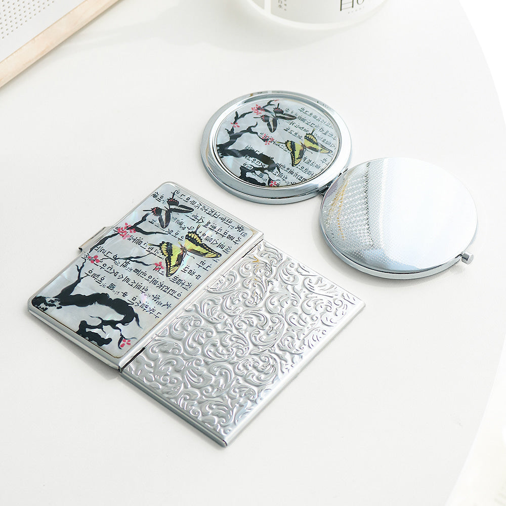 2-Piece Set: Mother of Pearl Business Card Case Mother of Pearl One-Touch Hand Mirror N