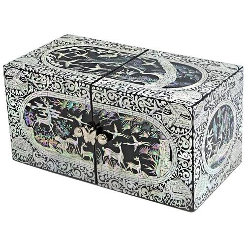 Premium Najeonchilgi Lacquerware Ten Symbols of Longevity Oval Border Double Lidded Mother of Pearl Jewelry Box