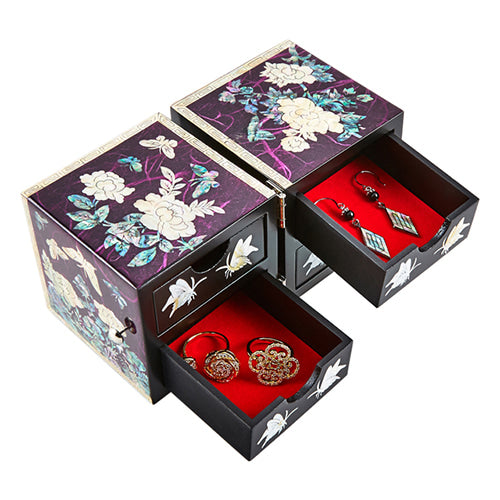 Peony Cloud Pattern Border Hanji Double Lidded Mother of Pearl Jewelry Box (Small, Glossy, Purple)