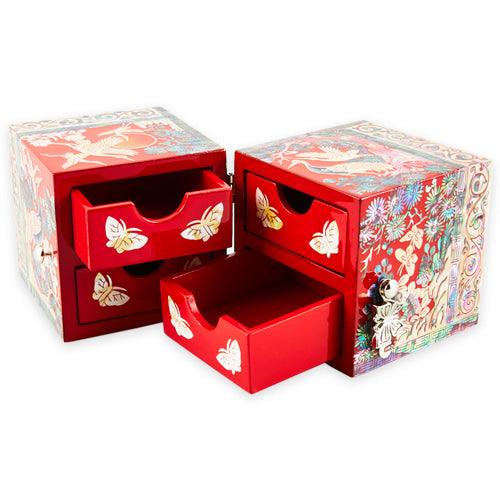 Square Crane & Pine Double Lidded Mother of Pearl Jewelry Box (소 - Red, Black)