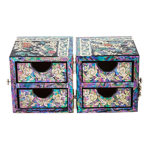 Square Flowers & Birds Double Lidded Mother of Pearl Jewelry Box (Small, Black)