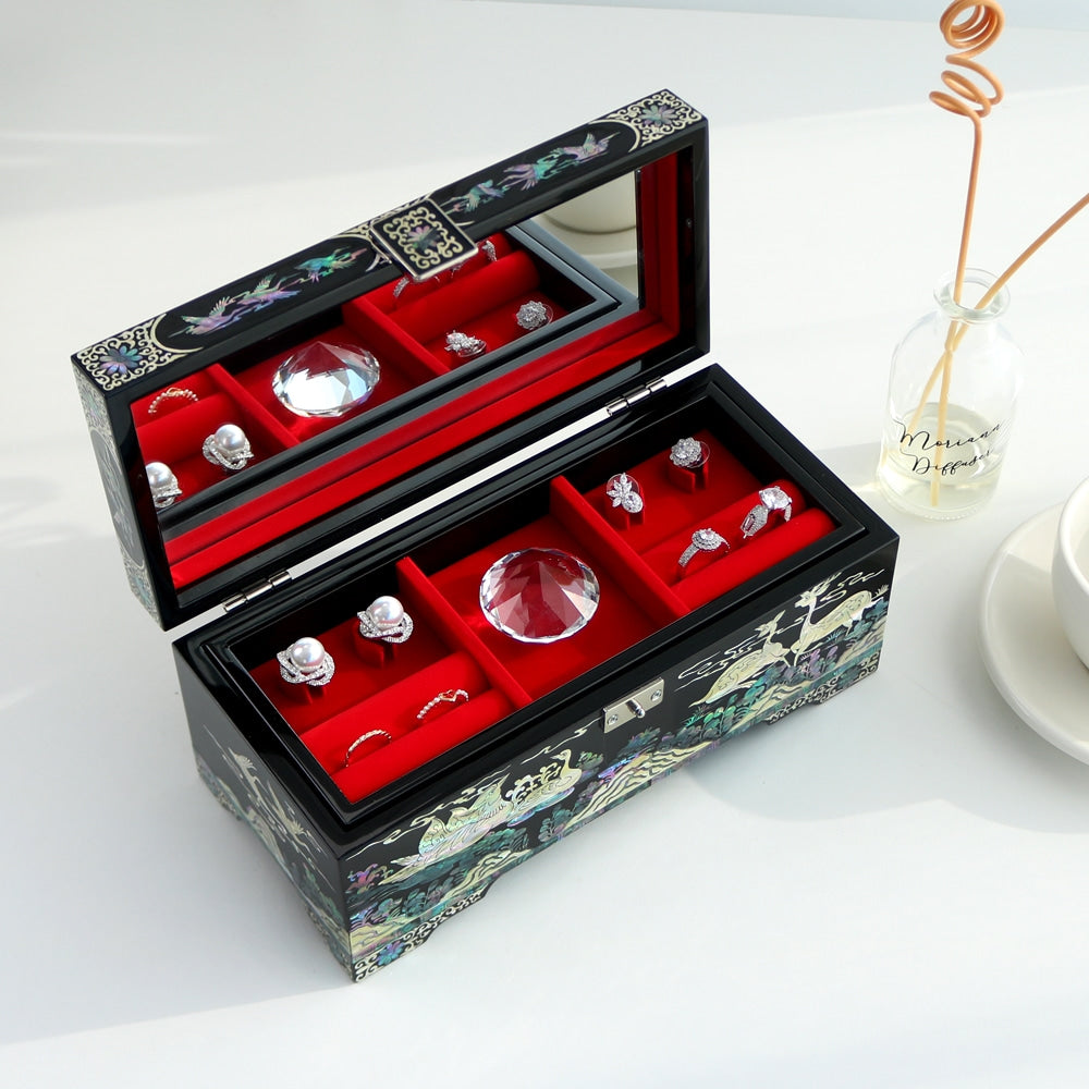Premium Pine & Crane Najeonchilgi 2-Tier Mother of Pearl Jewelry Box, 24 cm (Master Artisan Hong Seok-pyo)