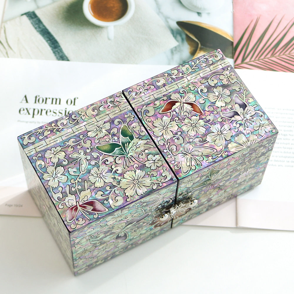 Najeonchilgi Painted Butterfly Double-Lidded Mother of Pearl Jewelry Box (Large)