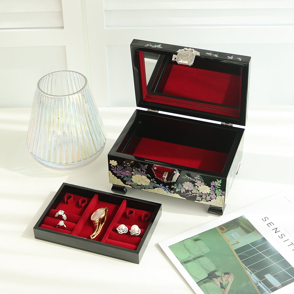 Masterpiece Najeonchilgi Peony & Pearl 2-Tier Mother of Pearl Jewelry Box Yedan Wedding Gift Box, 24 cm (Master Artisan Hong Seok-pyo)