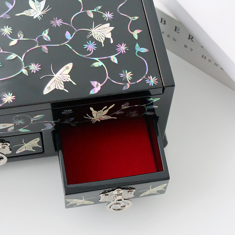 Najeonchilgi Arabesque Butterfly 3-Tier Drawer Mother of Pearl Jewelry Box, 23 cm