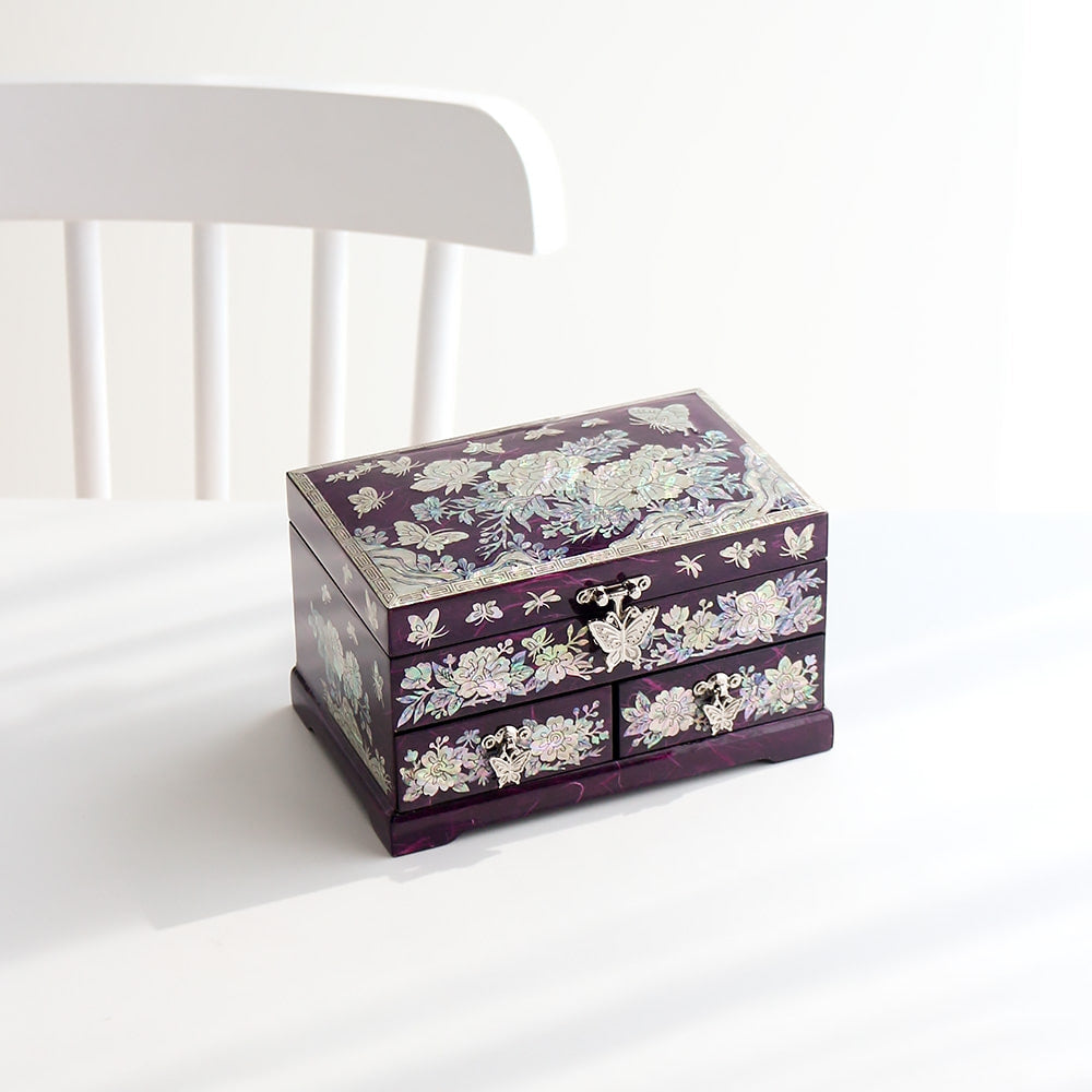 Najeonchilgi 1-Tier Hanji (Peony)2-Drawer Mother of Pearl Jewelry Box