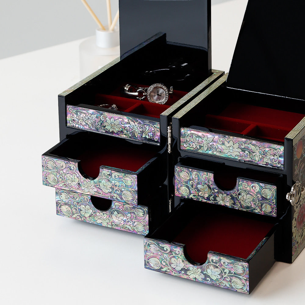 Masterpiece New Double-Lidded Golden Pheasant Large Black Mother of Pearl Jewelry Box