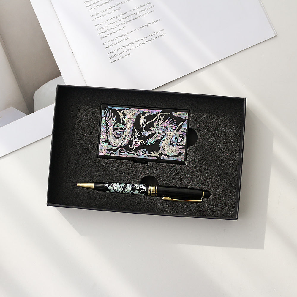 2-Piece Set: Carved Business Card Case K Mother of Pearl Pen Set