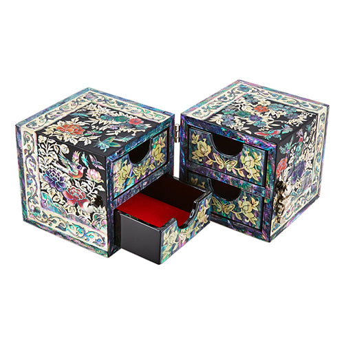 Square Flowers & Birds Double Lidded Mother of Pearl Jewelry Box (Small, Black)