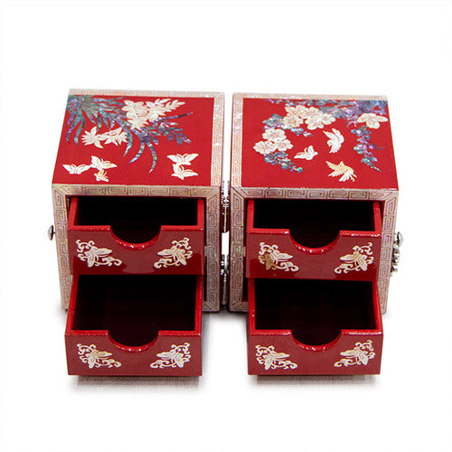 Four Gracious Plants NaturalMother of Pearl Double Lidded Jewelry Box (Medium, Glossy, Red) - Oh Myung - Ho