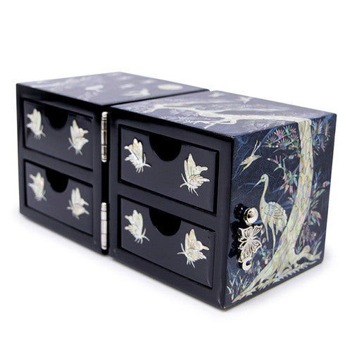 Crane & Pine Hanji Double Lidded Mother of Pearl Jewelry Box (Medium, Glossy, Blue)