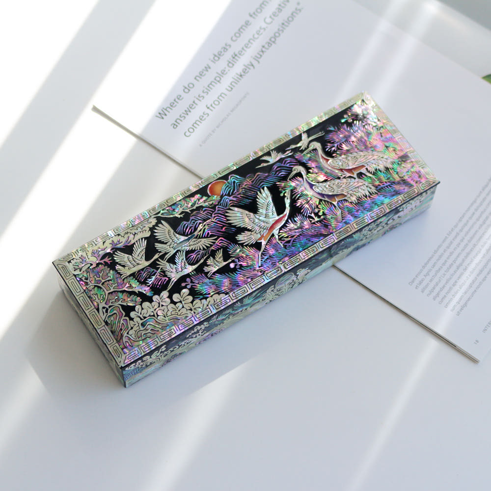 Korean Red Najeonchilgi Pine & Crane Peony Mother of Pearl Pen Case Traditional