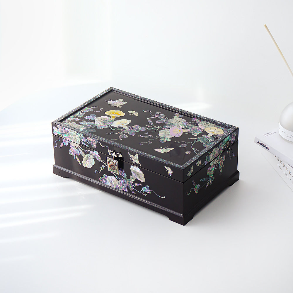Masterpiece Najeonchilgi Flower Painted Flowers 2-Tier Mother of Pearl Jewelry Box, 30 cm