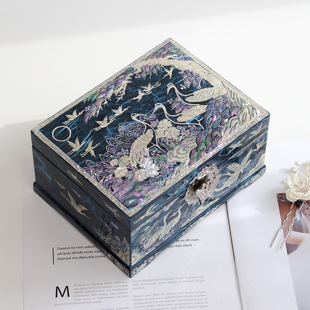 Najeonchilgi Pine & Crane Hanji Mother of Pearl Jewelry Box, 18 cm