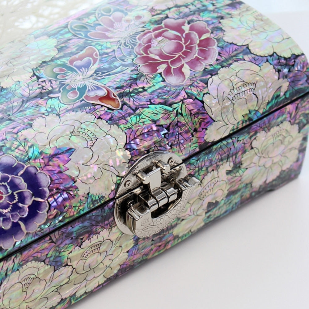Premium Najeonchilgi Rounded Peony of Wealth Mother of Pearl Jewelry Box Yedan Wedding Gift Box, 24 cm