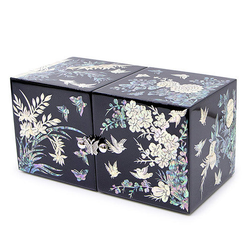 Four Gracious Plants Double Lidded Mother of Pearl Jewelry Box (Medium, Glossy, Black)