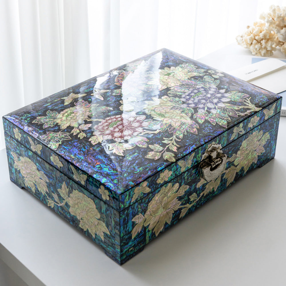 Peony 2-Tier Najeonchilgi Mother of Pearl Jewelry & Document Box, 34 cm