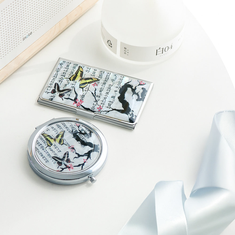 2-Piece Set: Mother of Pearl Business Card Case Mother of Pearl One-Touch Hand Mirror N