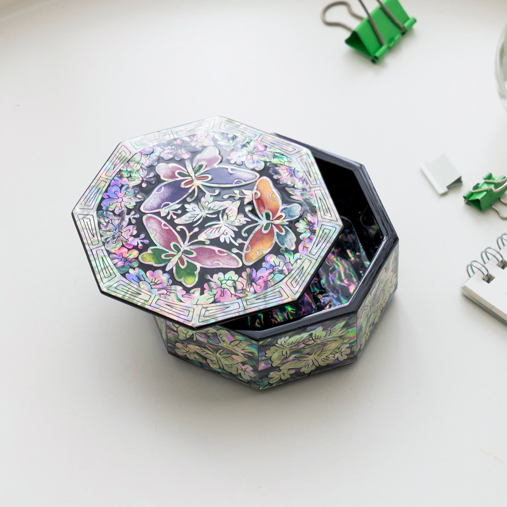 Najeonchilgi Lacquerware Crane & Pine Octagonal Mother of Pearl Box 9 Cm Mini Mother of Pearl Jewelry Box Ring Storage Box Gift for International Customers
