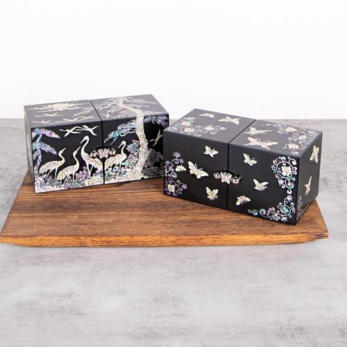 Najeonchilgi Lacquerware SecretJewelry Box Crane & Pine Motif Double Lidded Mother of Pearl Jewelry Box