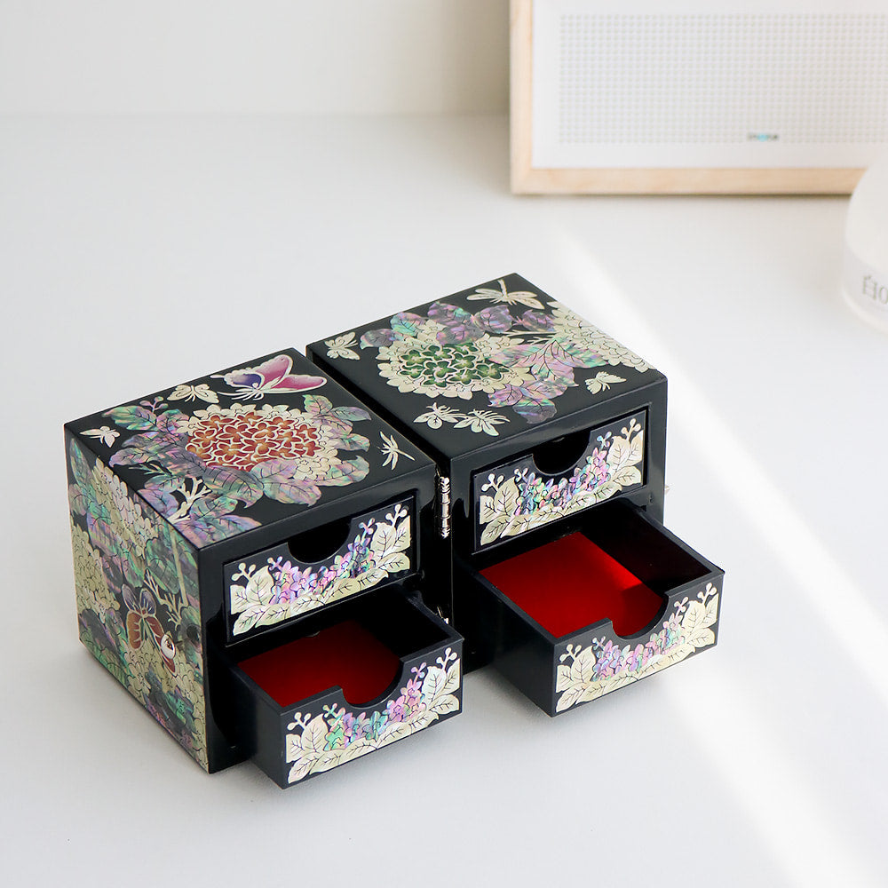 Najeonchilgi Hydrangea Double-Lidded Mother of Pearl Jewelry Box Black (Master Artisan Jang Tae-bok)