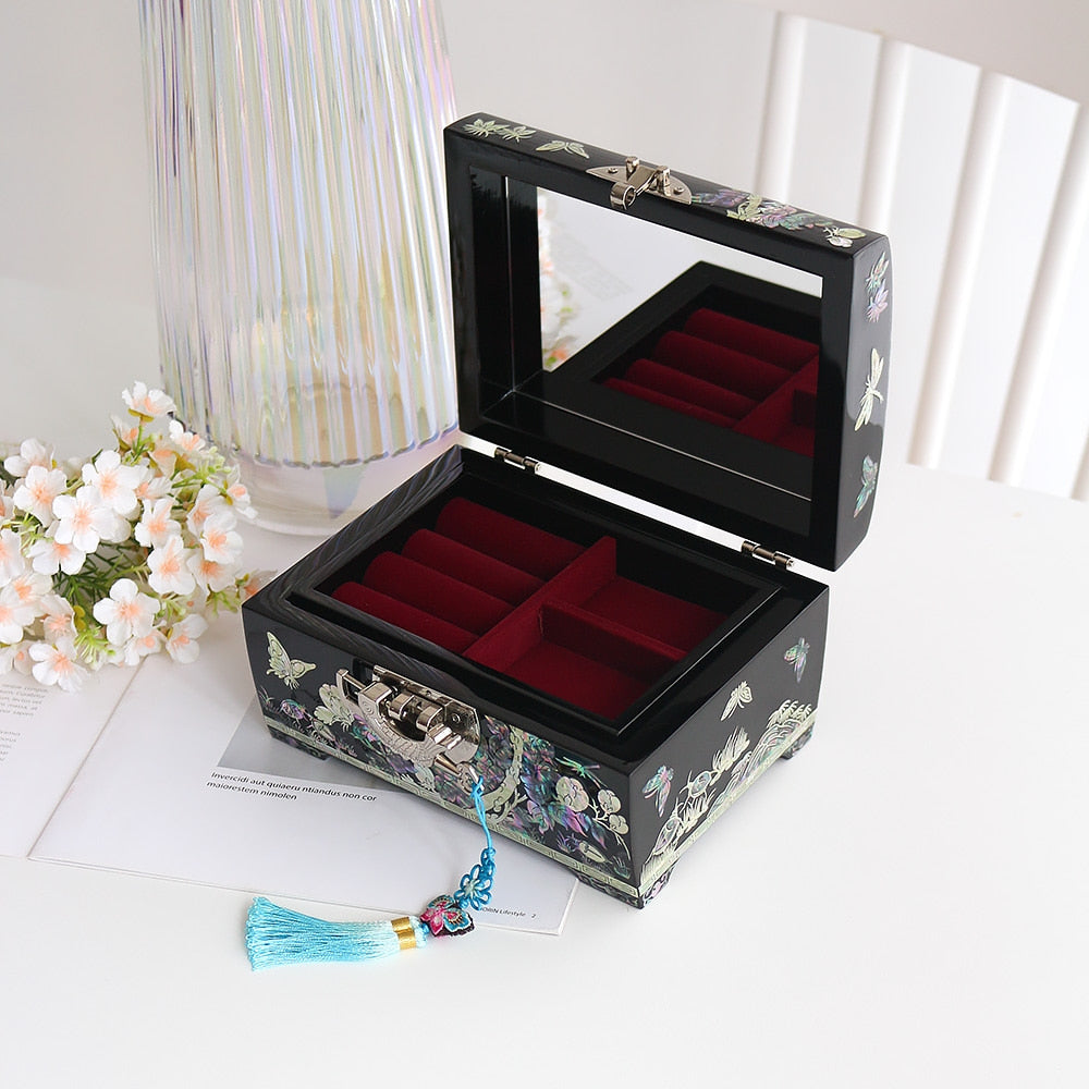 Premium 2-Tier Najeonchilgi Rounded Peony Black Mother of Pearl Jewelry Box, 18 cm (Master Artisan Jang Tae-bok)