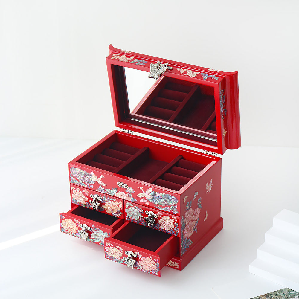 Najeonchilgi Peacock Flower 4-Tier Drawer Mother of Pearl Jewelry Box (Medium)