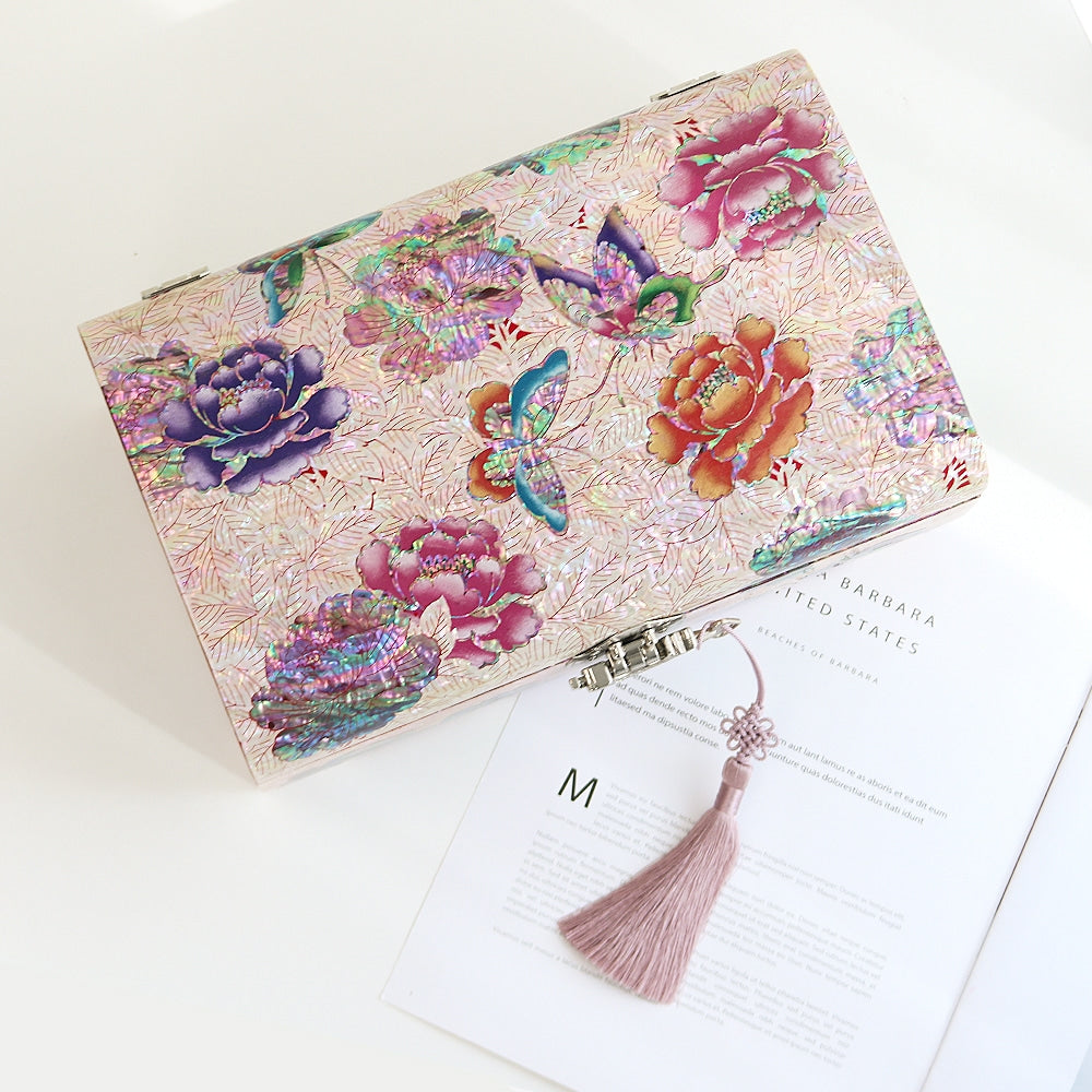 Premium Najeonchilgi Rounded Peony of Wealth Mother of Pearl Jewelry Box Yedan Wedding Gift Box, 30 cm