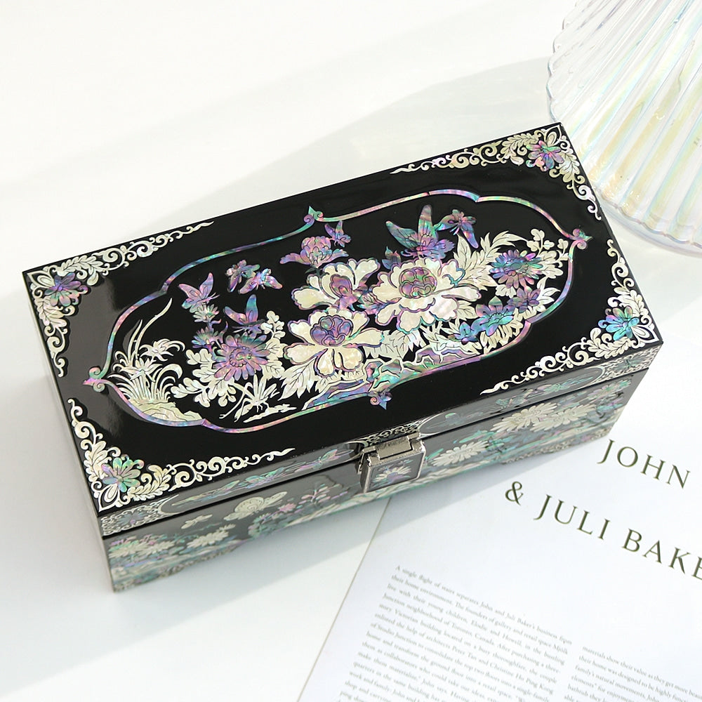Premium Peony & Butterfly Najeonchilgi 2-Tier Mother of Pearl Jewelry Box, 24 cm (Master Artisan Hong Seok-pyo)