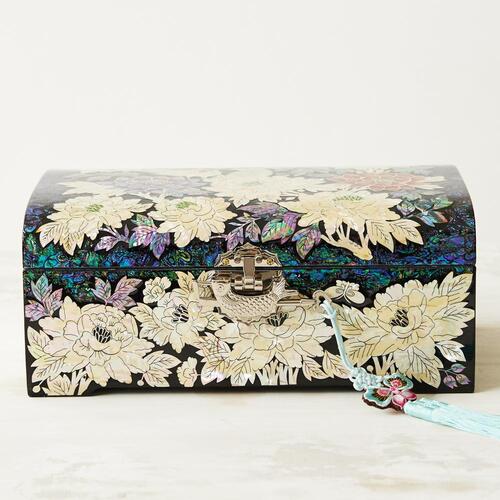 Blue mother of pearl peony jewelry box, 30 cm - side view