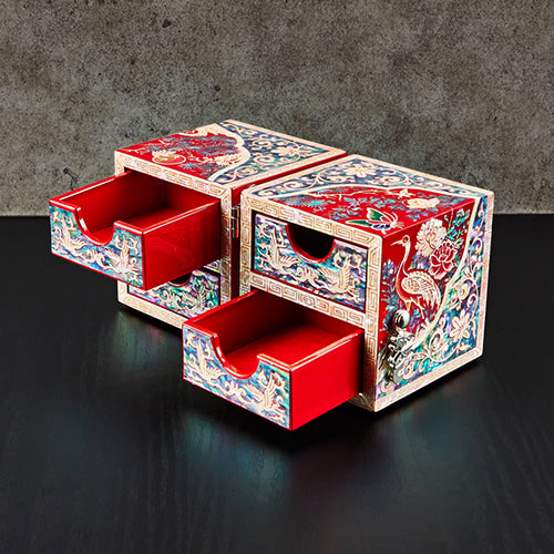 Round Crane & Pine Double Lidded Mother of Pearl Jewelry Box (Small, Red, Oh Myung - Ho)