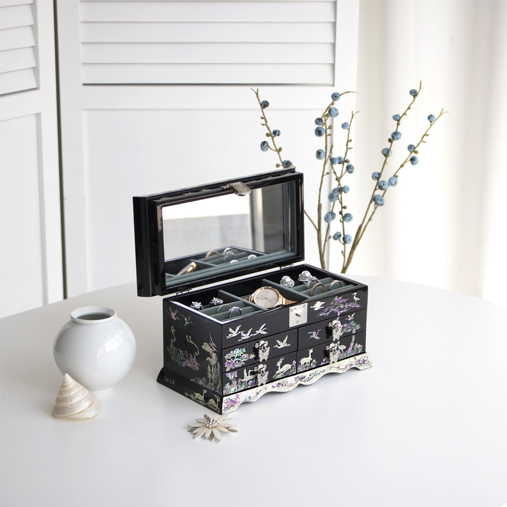 Premium Najeonchilgi Vanity Mirror 4-Tier Pine & Crane Drawer Mother of Pearl Jewelry Box, 25 cm (Master Artisan Hong Seok-pyo)