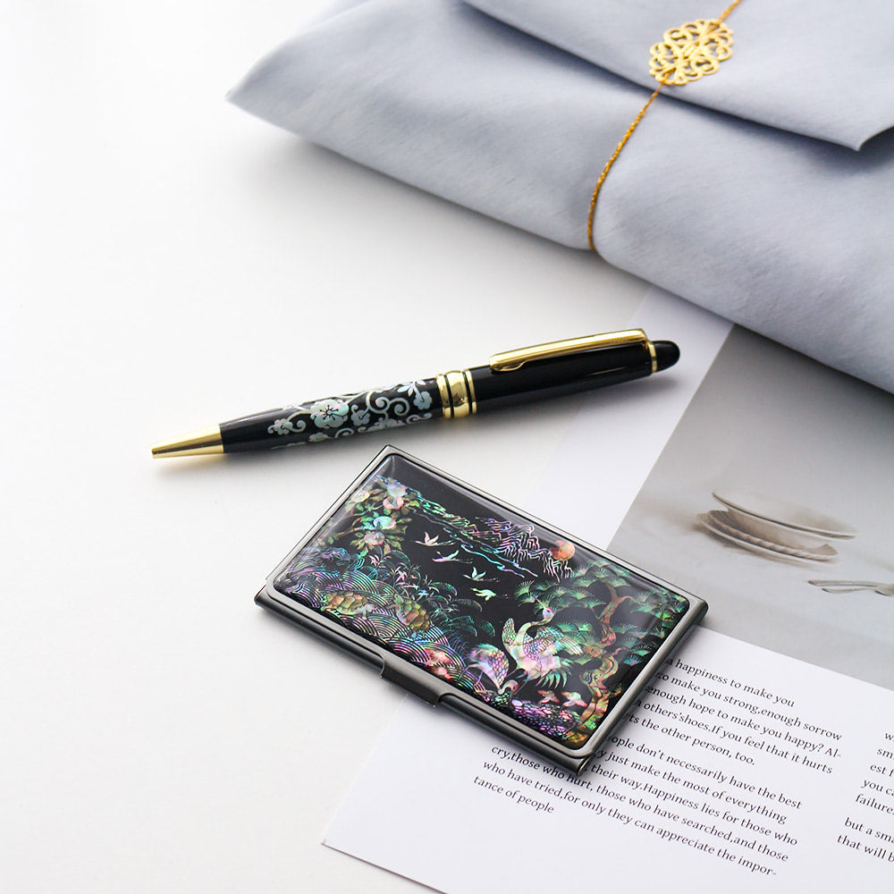 2-Piece Set: Black Mother of Pearl Business Card Case N Mother of Pearl Pen