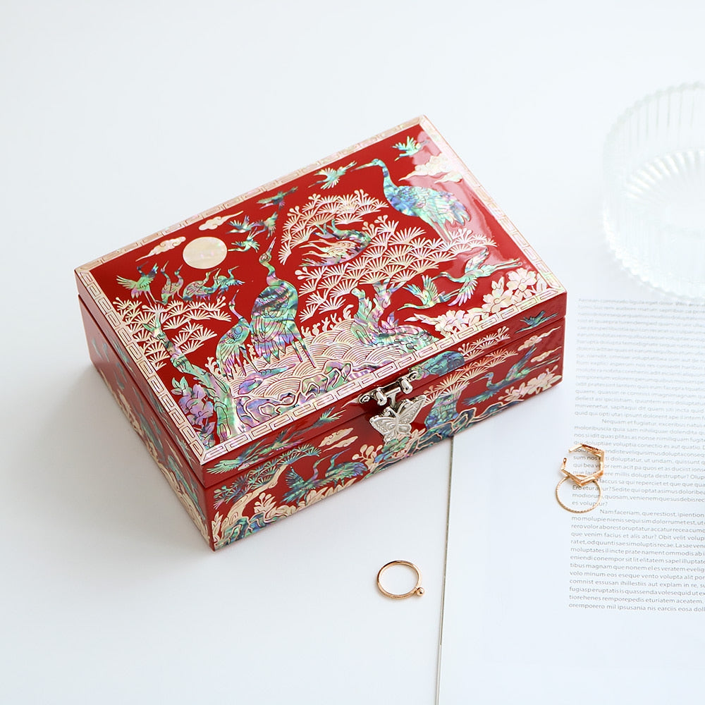 Najeonchilgi Pine & Crane 1-Tier Mother of Pearl Jewelry Box, 18 cm