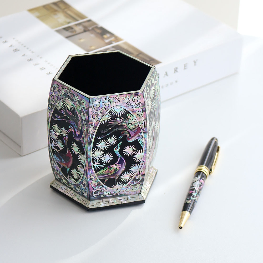 Premium Najeon Hexagonal Pine & Crane Black Pen Holder Pencil Holder (Master Artisan Jang Tae-bok)