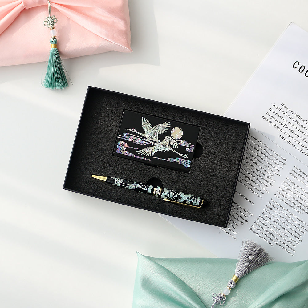 2-Piece Set: Carved Mother of Pearl Business Card Case Pine & Crane Mother of Pearl Pen Set