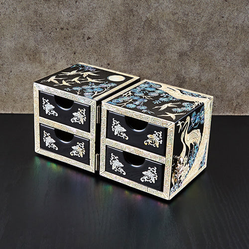Crane & Pine Cloud Pattern Border Double Lidded Mother of Pearl Jewelry Box (Medium, Glossy, Oh Myung - Ho)