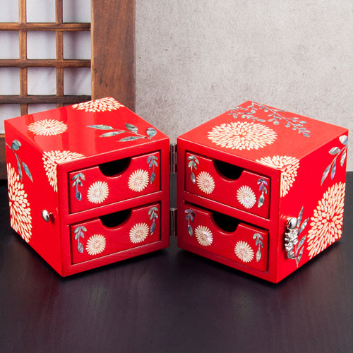 Premium Mother of Pearl ChrysanthemumFlower Double Lidded Jewelry Box (Glossy, Small) - Red, Blue