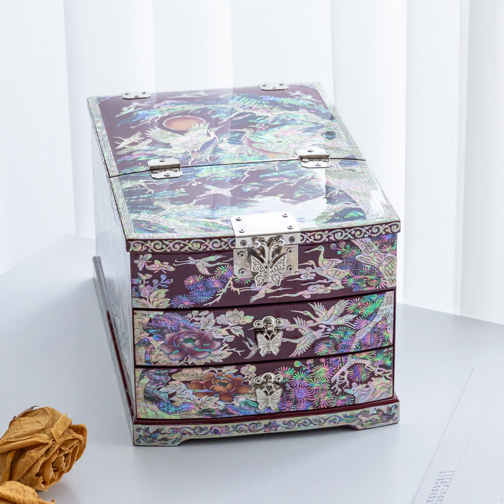 Crane & Pine Scholar 5-Drawer Mother of Pearl Jewelry Box中(Glossy, Black)