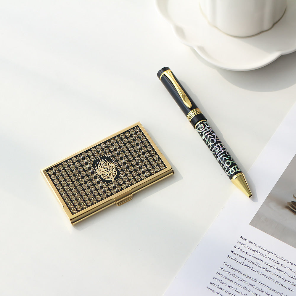 2-Piece Set: Metal Gold Mother of Pearl Business Card Case Hangul Lattice Mother of Pearl Pen Set (Lower Inlay)