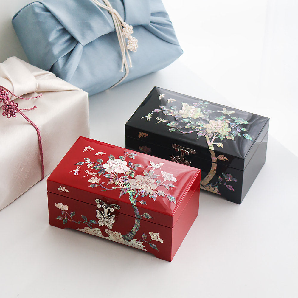 Najeonchilgi Mother of Pearl Jewelry Box Hanji Butterfly Peony Flower Jewelry Box Najeon Jewelry Box Korean, 16 cm