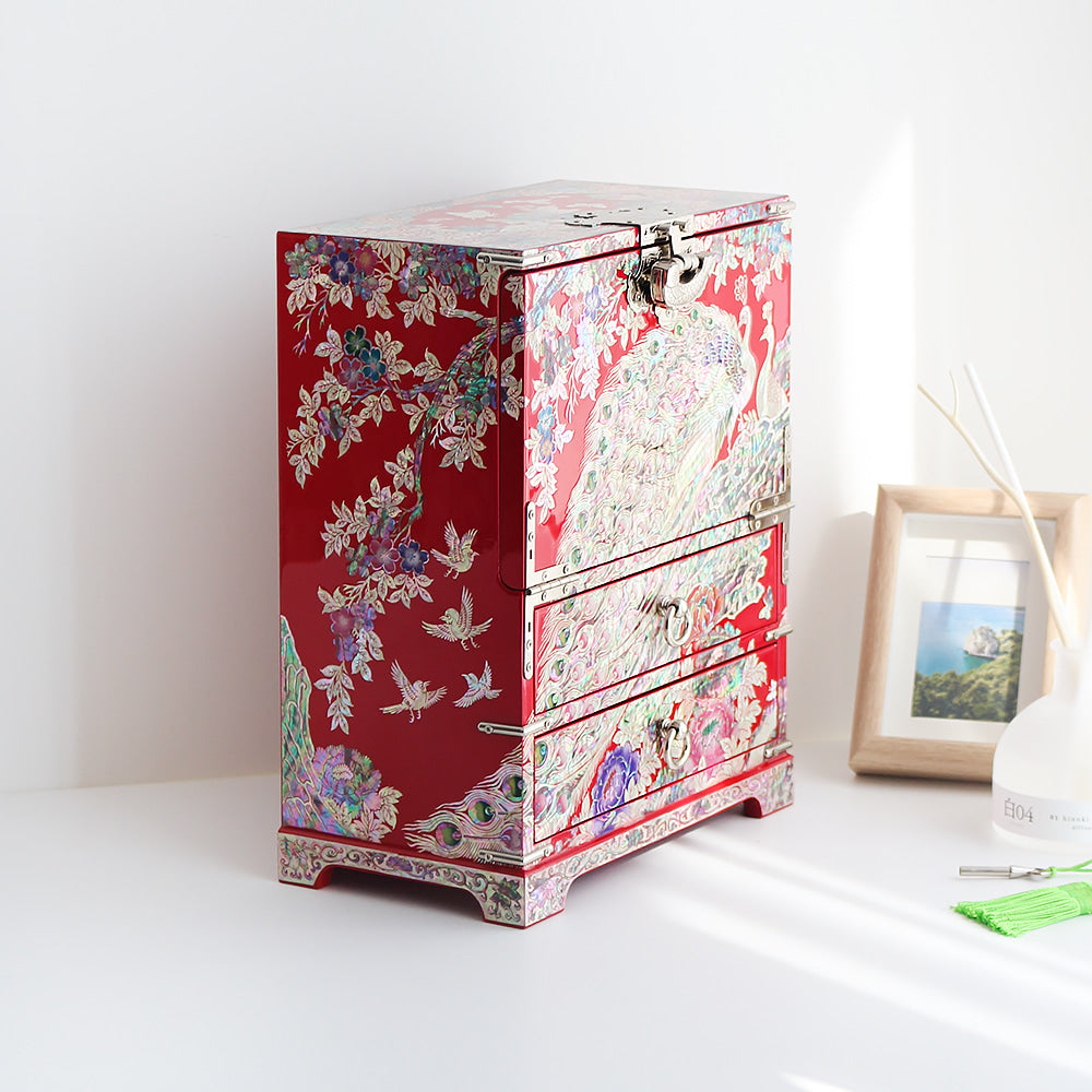 Masterpiece Najeonchilgi Peacock Drawer Mother of Pearl Jewelry Box Red Jewelry Box (Master Artisan Jang Tae-bok)