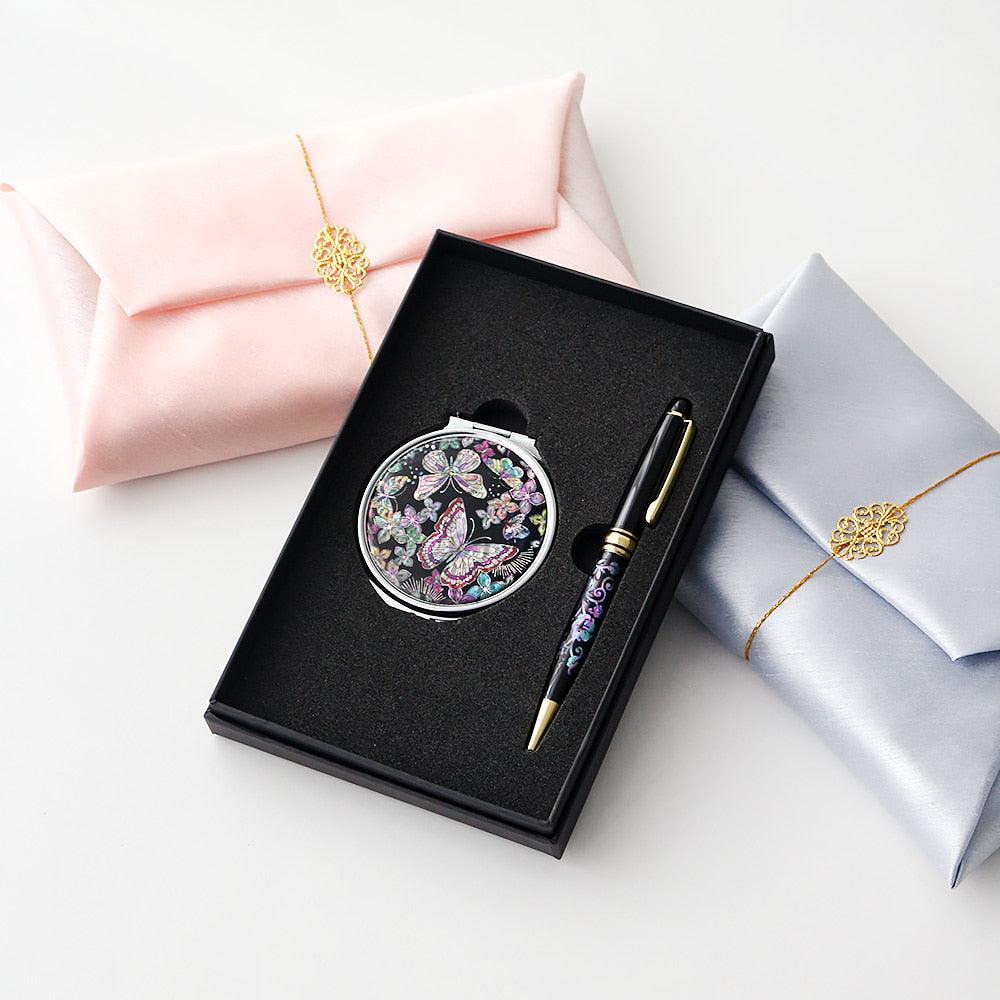 ★ Bojagi ★ Najeonchilgi Mother of Pearl Round Hand Mirror Mother of Pearl Pen 2 Bell Set Korean Traditional